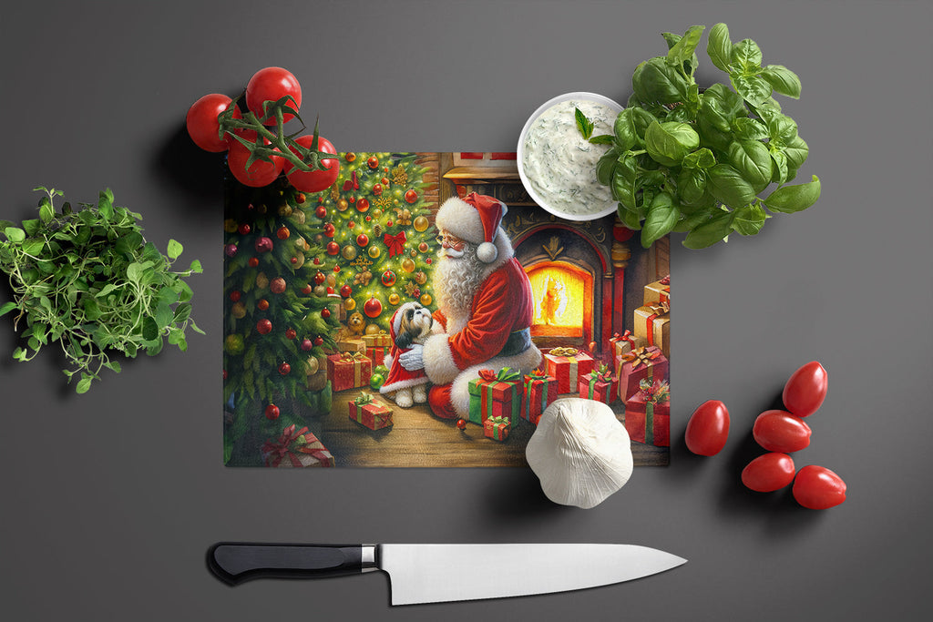 Shih Tzu and Santa Claus Cutting Board Tempered Glass Kitchen Cutting Surface, Heat Resistant Chopping, Non-Slip Feet, Food Prep & Serving