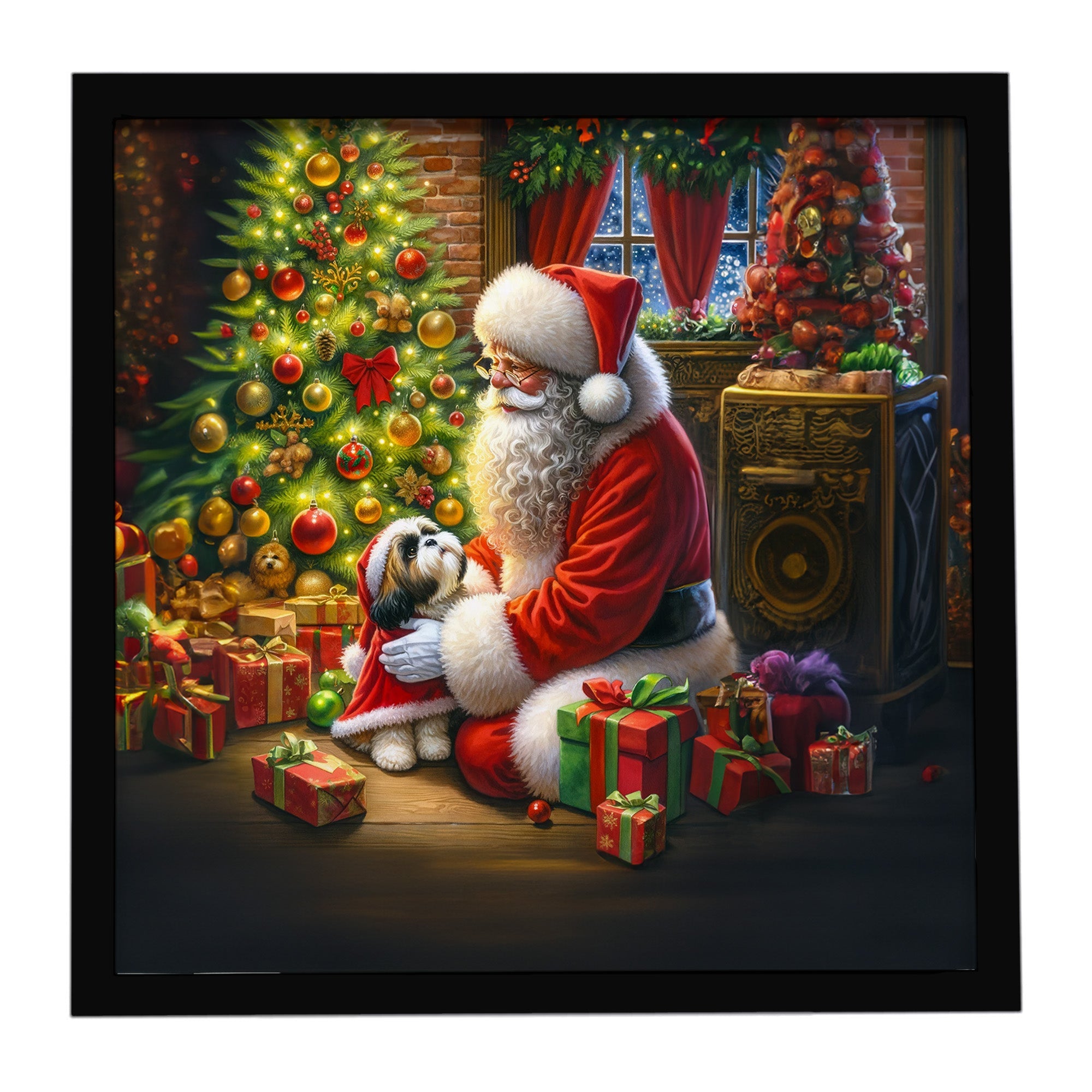 Shih Tzu and Santa Claus Framed Metal Print Bathroom, Kitchen, Office, Home Decor Wall Art Ready to Hang, Square, 8X8