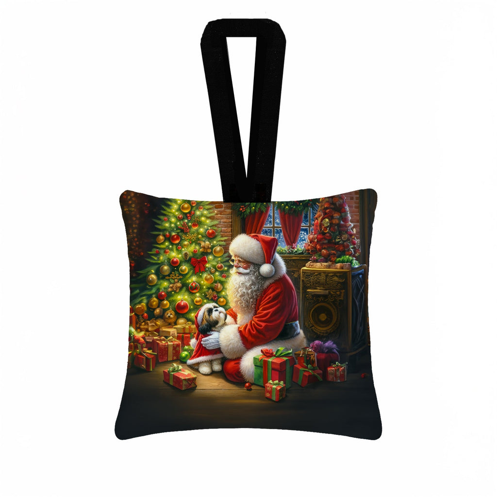 Shih Tzu and Santa Claus Hanging Square Fabric Ornament 3.5 × 3.5 Decorative Door-Knob & Tree Hanger, Soft Fabric