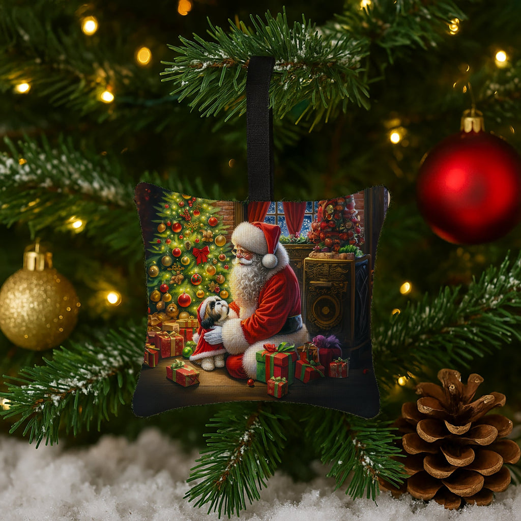 Shih Tzu and Santa Claus Hanging Square Fabric Ornament 3.5 × 3.5 Decorative Door-Knob & Tree Hanger, Soft Fabric