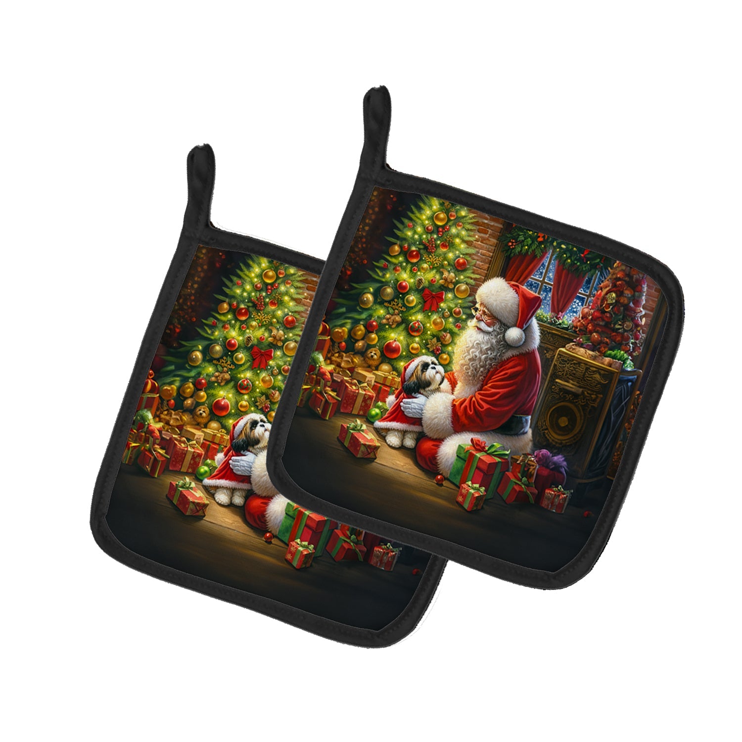 Shih Tzu and Santa Claus Pot Holder Set of 2 Heat Resistant Quilted Hot Pads 7.5 x 7.5 Inch, Insulated Kitchen Trivets for Cooking & Baking