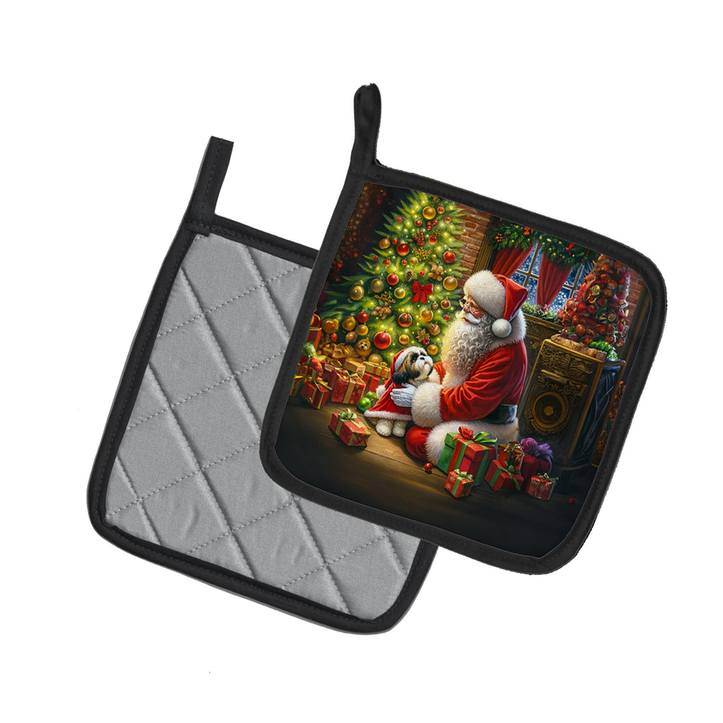Shih Tzu and Santa Claus Pot Holder Set of 2 Heat Resistant Quilted Hot Pads 7.5 x 7.5 Inch, Insulated Kitchen Trivets for Cooking & Baking