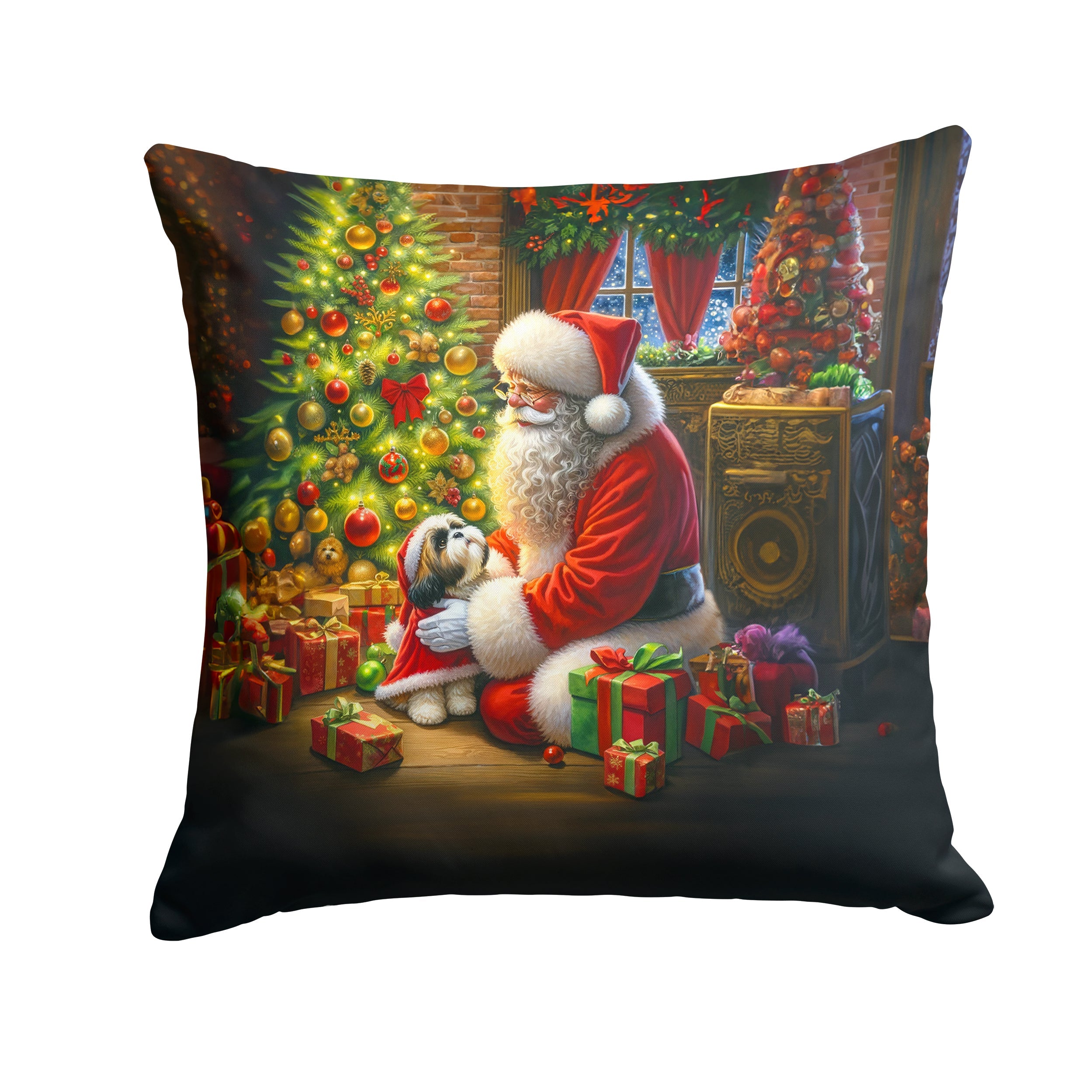Shih Tzu and Santa Claus Decorative Throw Pillow 14x14 Indoor Outdoor Accent Cushion, Fabric Cover with Insert for Sofa, Bed, Porch & Living Room