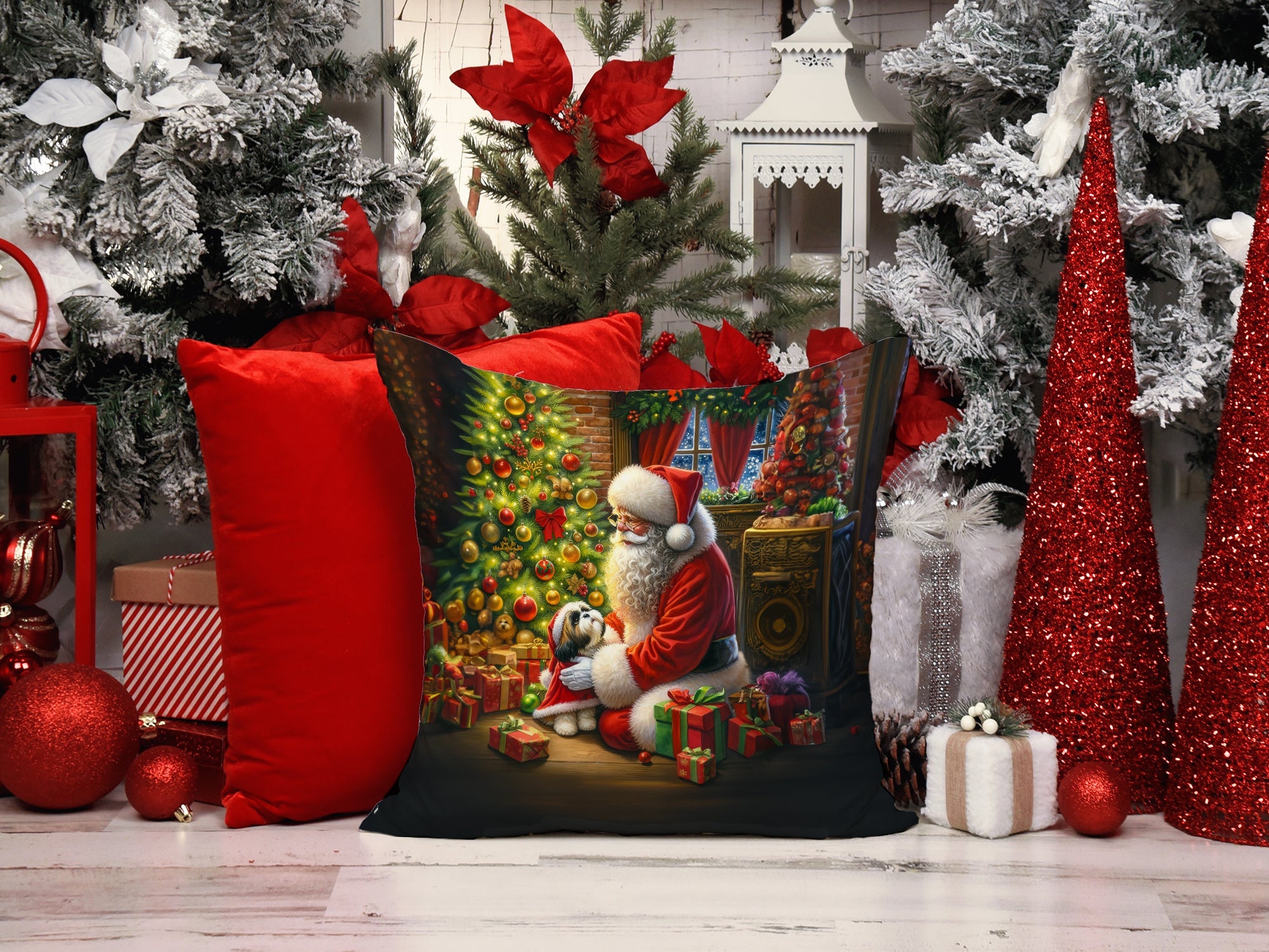 Shih Tzu and Santa Claus Decorative Throw Pillow 14x14 Indoor Outdoor Accent Cushion, Fabric Cover with Insert for Sofa, Bed, Porch & Living Room