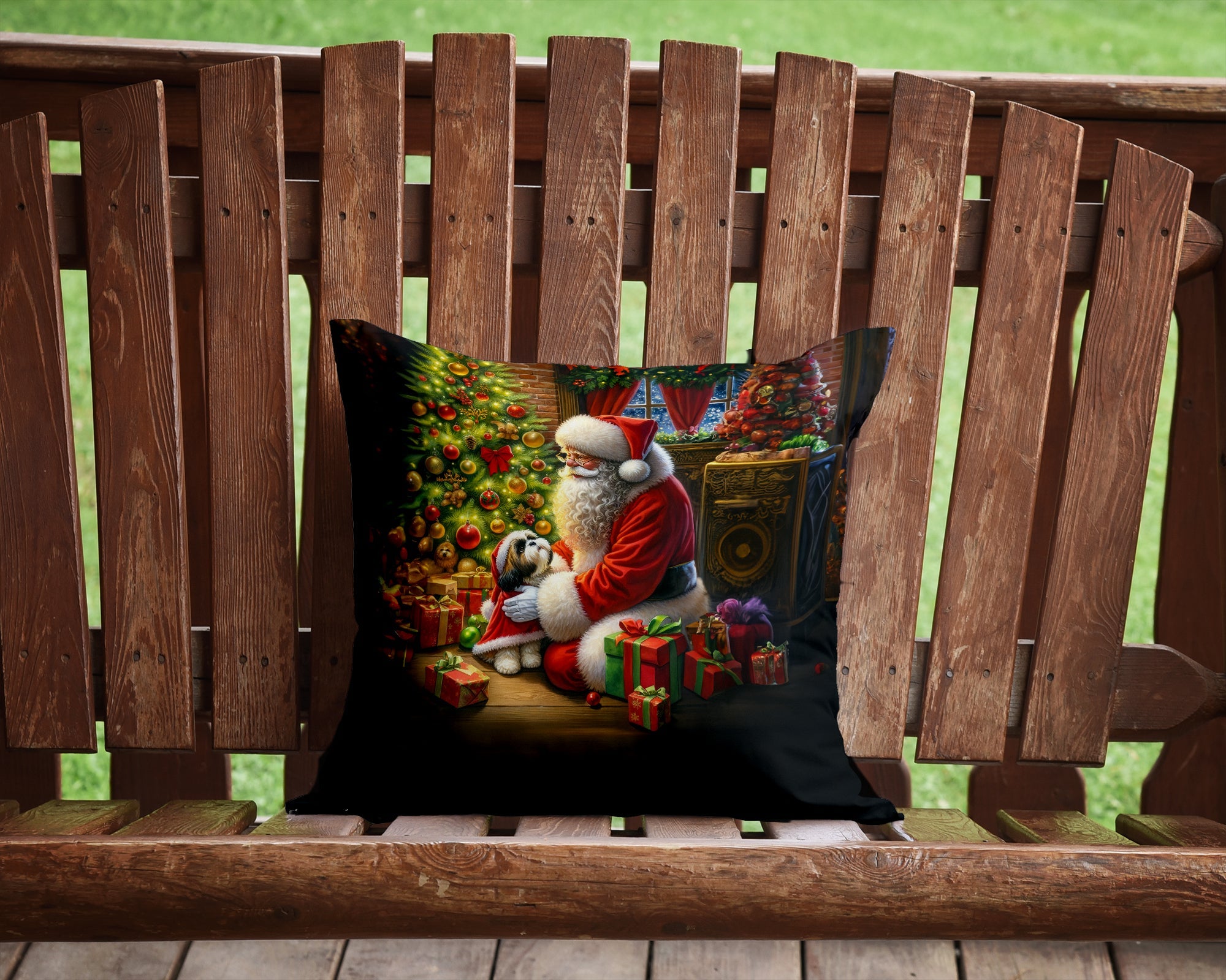 Shih Tzu and Santa Claus Decorative Throw Pillow 14x14 Indoor Outdoor Accent Cushion, Fabric Cover with Insert for Sofa, Bed, Porch & Living Room