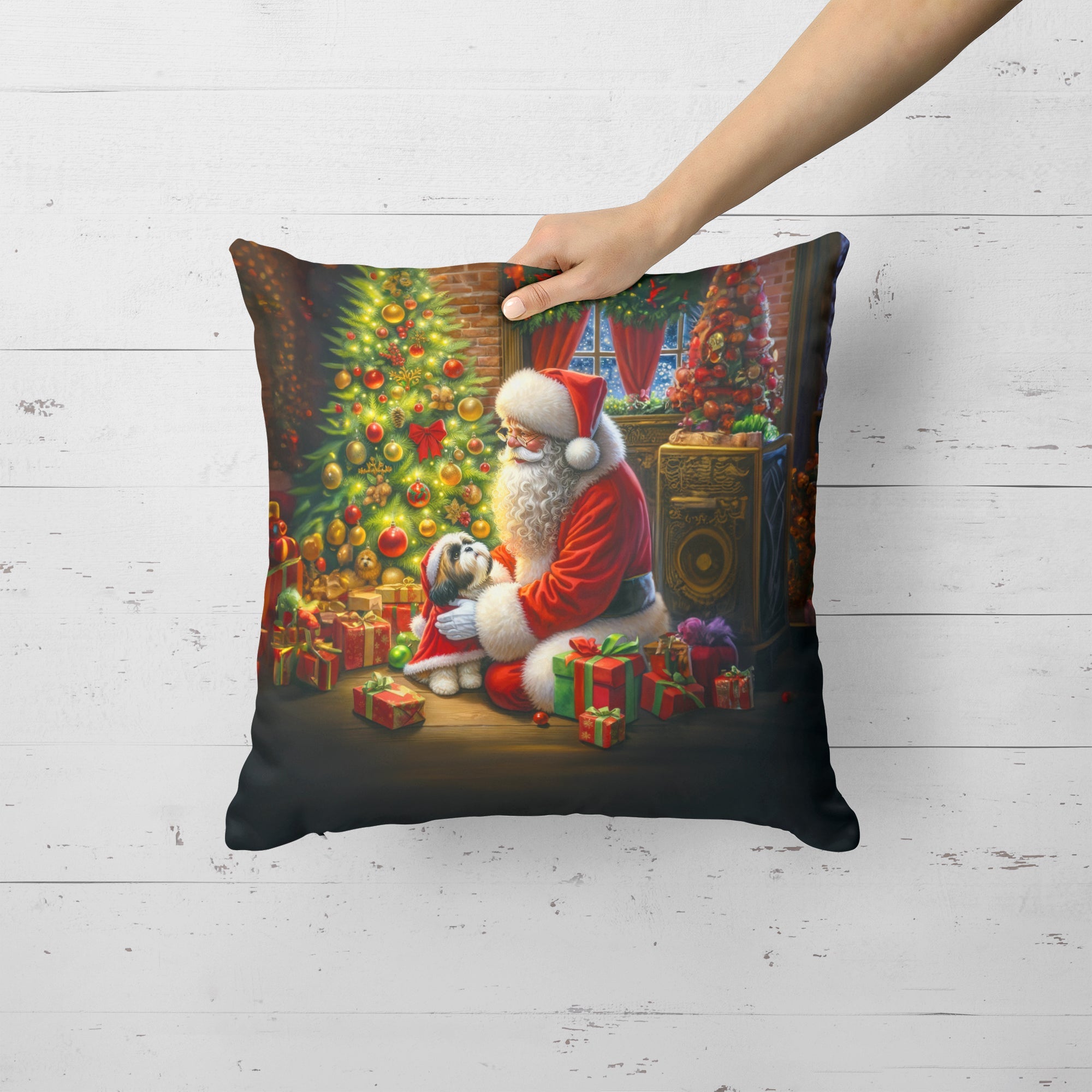 Shih Tzu and Santa Claus Decorative Throw Pillow 18x18 Indoor Outdoor Accent Cushion, Fabric Cover with Insert for Sofa, Bed, Porch & Living Room