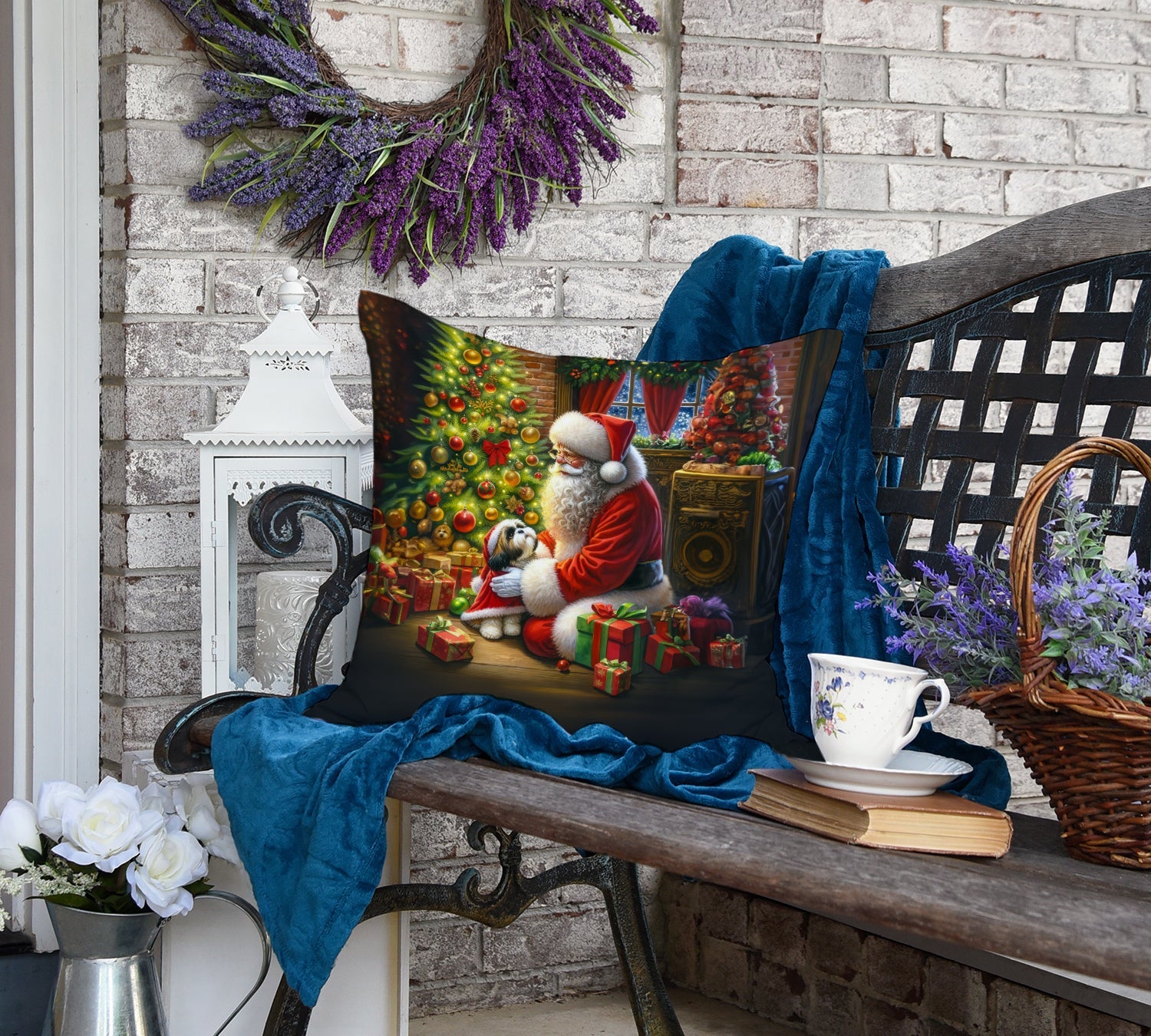 Shih Tzu and Santa Claus Decorative Throw Pillow 18x18 Indoor Outdoor Accent Cushion, Fabric Cover with Insert for Sofa, Bed, Porch & Living Room