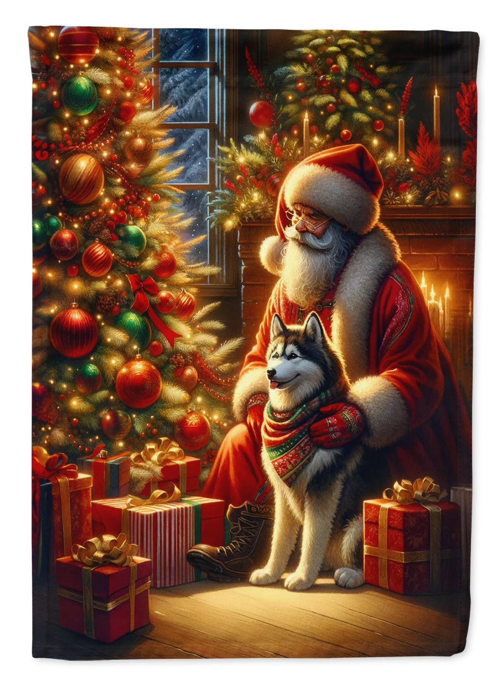 Siberian Husky and Santa Claus House Flag 28x40 Porch Sleeve Pole Decorative Outside Yard Banner Artwork Wall Hanging, Polyester