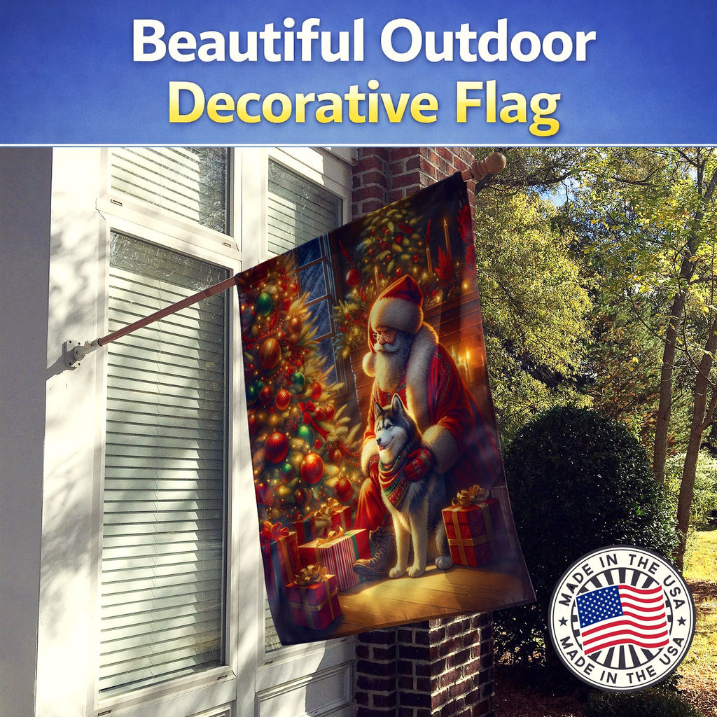 Siberian Husky and Santa Claus House Flag 28x40 Porch Sleeve Pole Decorative Outside Yard Banner Artwork Wall Hanging, Polyester
