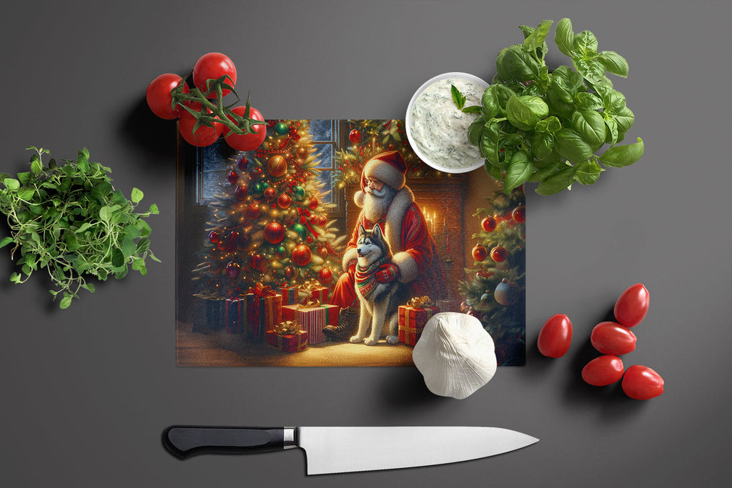 Siberian Husky and Santa Claus Cutting Board Tempered Glass Kitchen Cutting Surface, Heat Resistant Chopping, Non-Slip Feet, Food Prep & Serving
