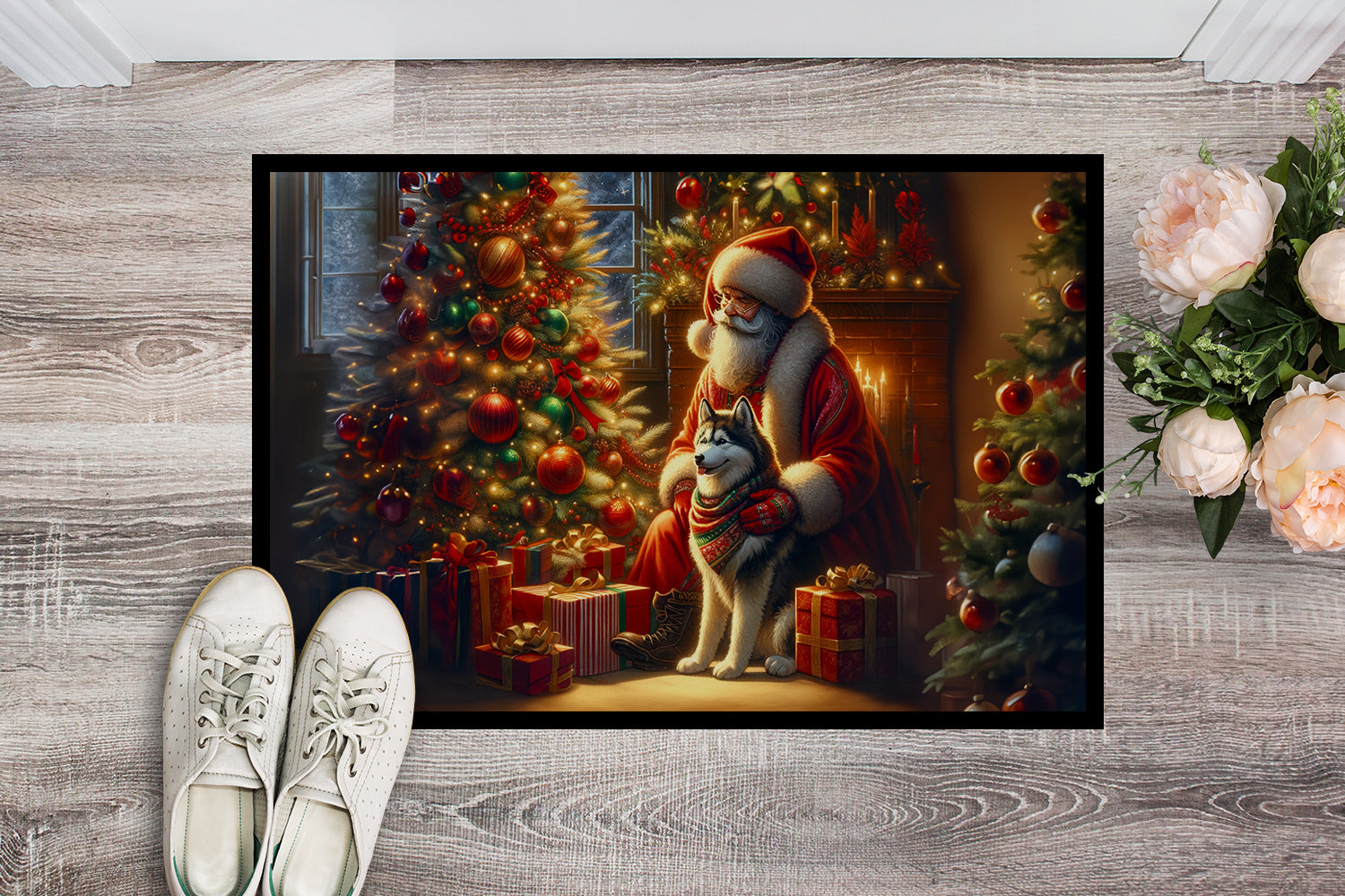 Siberian Husky and Santa Claus Doormat Indoor Outdoor 18H X 27W Front Door Mat Rugs for Entryway, Non Slip Washable