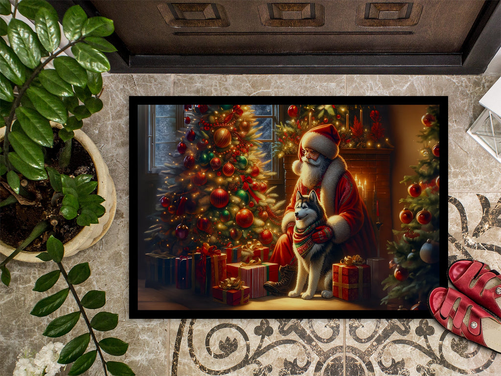 Siberian Husky and Santa Claus Doormat Indoor Outdoor 18H X 27W Front Door Mat Rugs for Entryway, Non Slip Washable