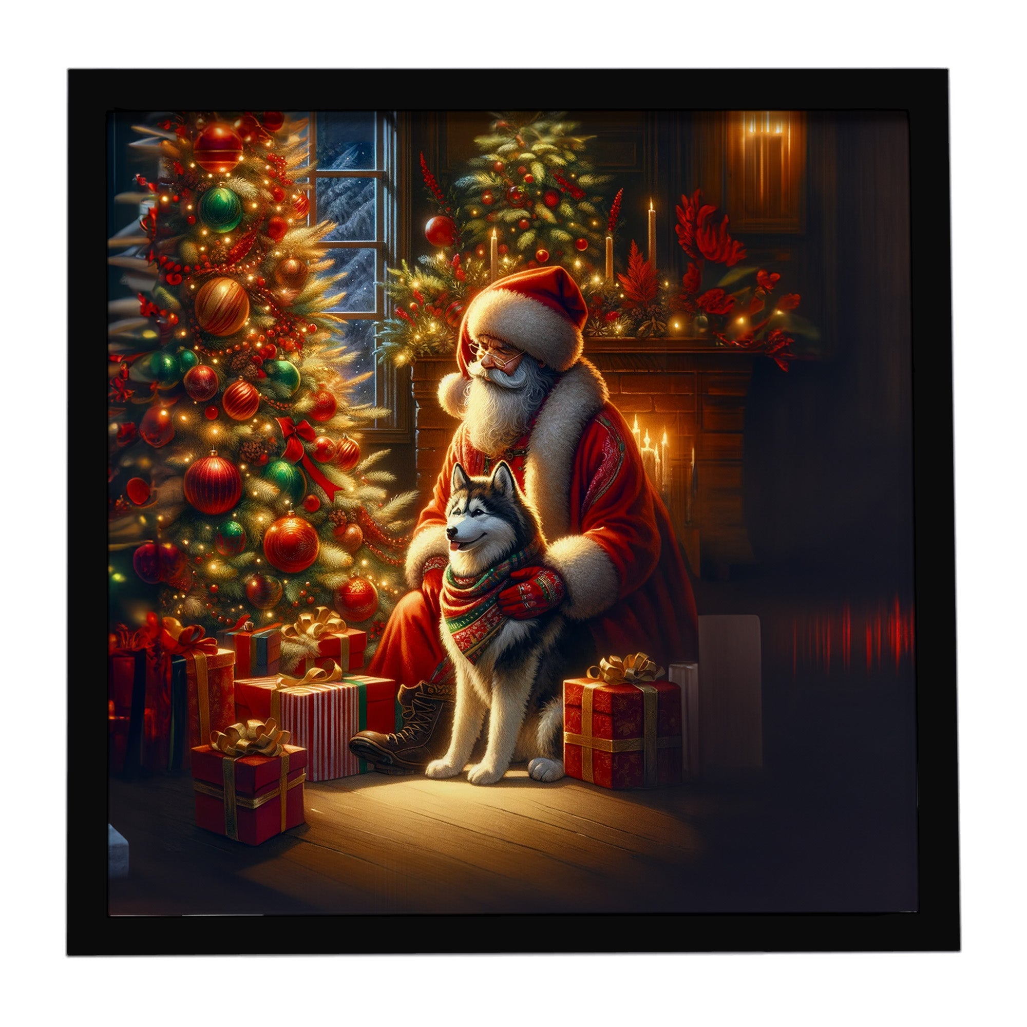 Siberian Husky and Santa Claus Framed Metal Print Bathroom, Kitchen, Office, Home Decor Wall Art Ready to Hang, Square, 8X8