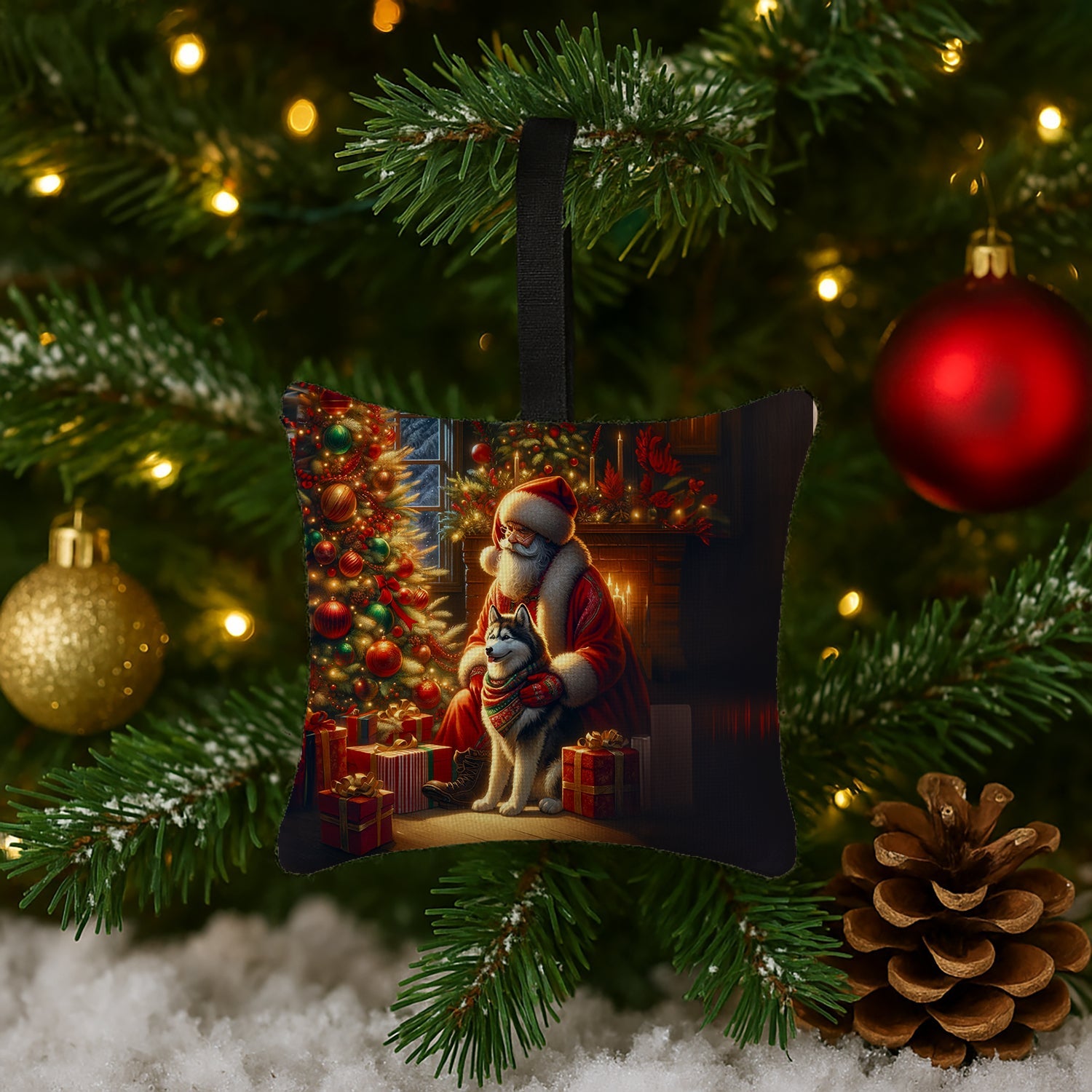 Siberian Husky and Santa Claus Hanging Square Fabric Ornament 3.5 × 3.5 Decorative Door-Knob & Tree Hanger, Soft Fabric