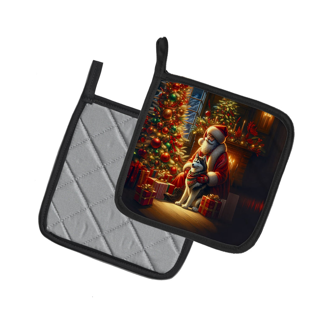 Siberian Husky and Santa Claus Pot Holder Set of 2 Heat Resistant Quilted Hot Pads 7.5 x 7.5 Inch, Insulated Kitchen Trivets for Cooking & Baking