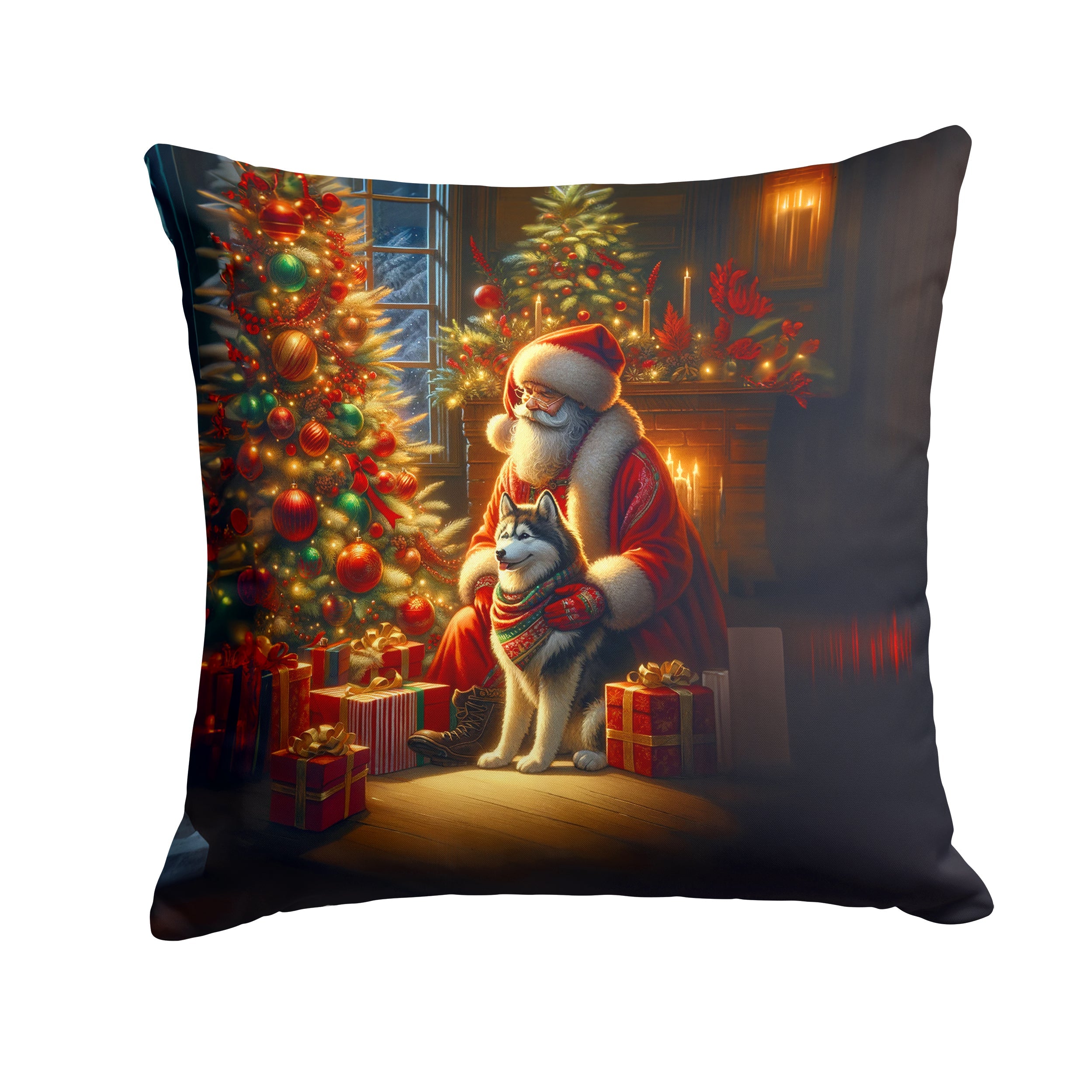 Siberian Husky and Santa Claus Decorative Throw Pillow 14x14 Indoor Outdoor Accent Cushion, Fabric Cover with Insert for Sofa, Bed, Porch & Living Room