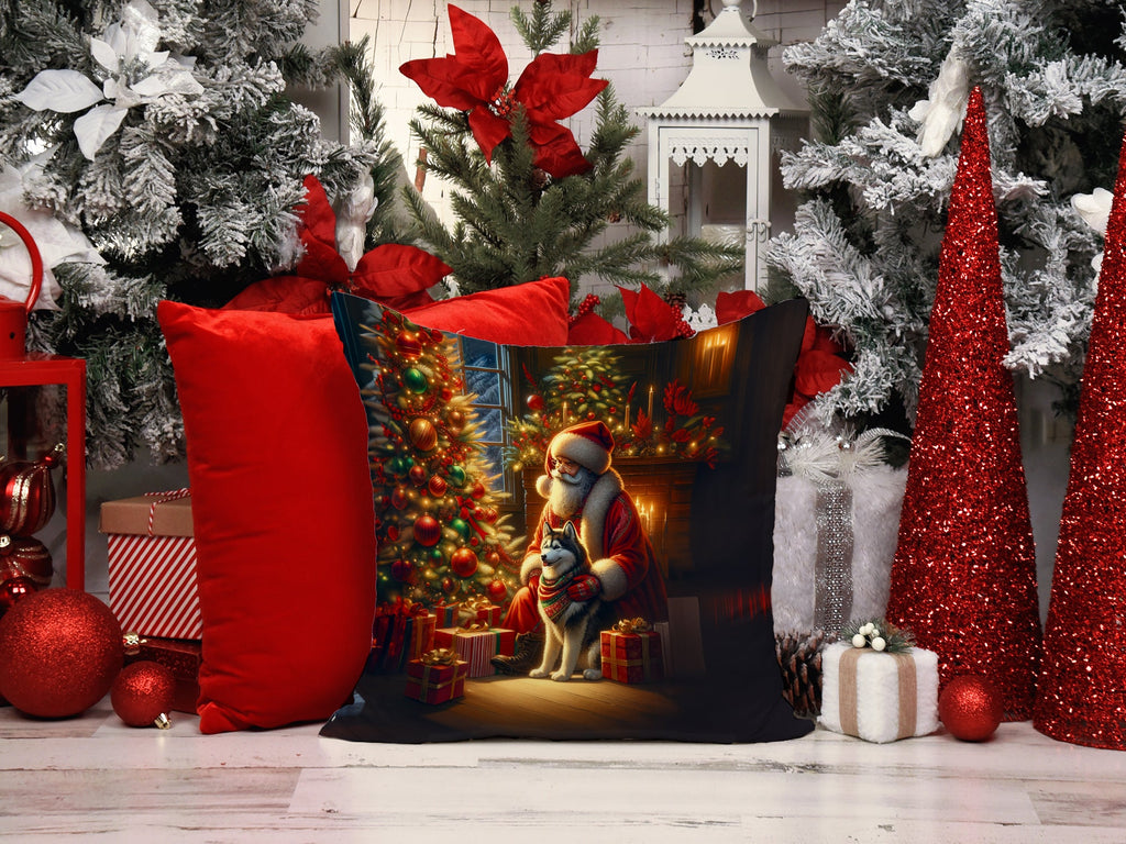 Siberian Husky and Santa Claus Decorative Throw Pillow 14x14 Indoor Outdoor Accent Cushion, Fabric Cover with Insert for Sofa, Bed, Porch & Living Room