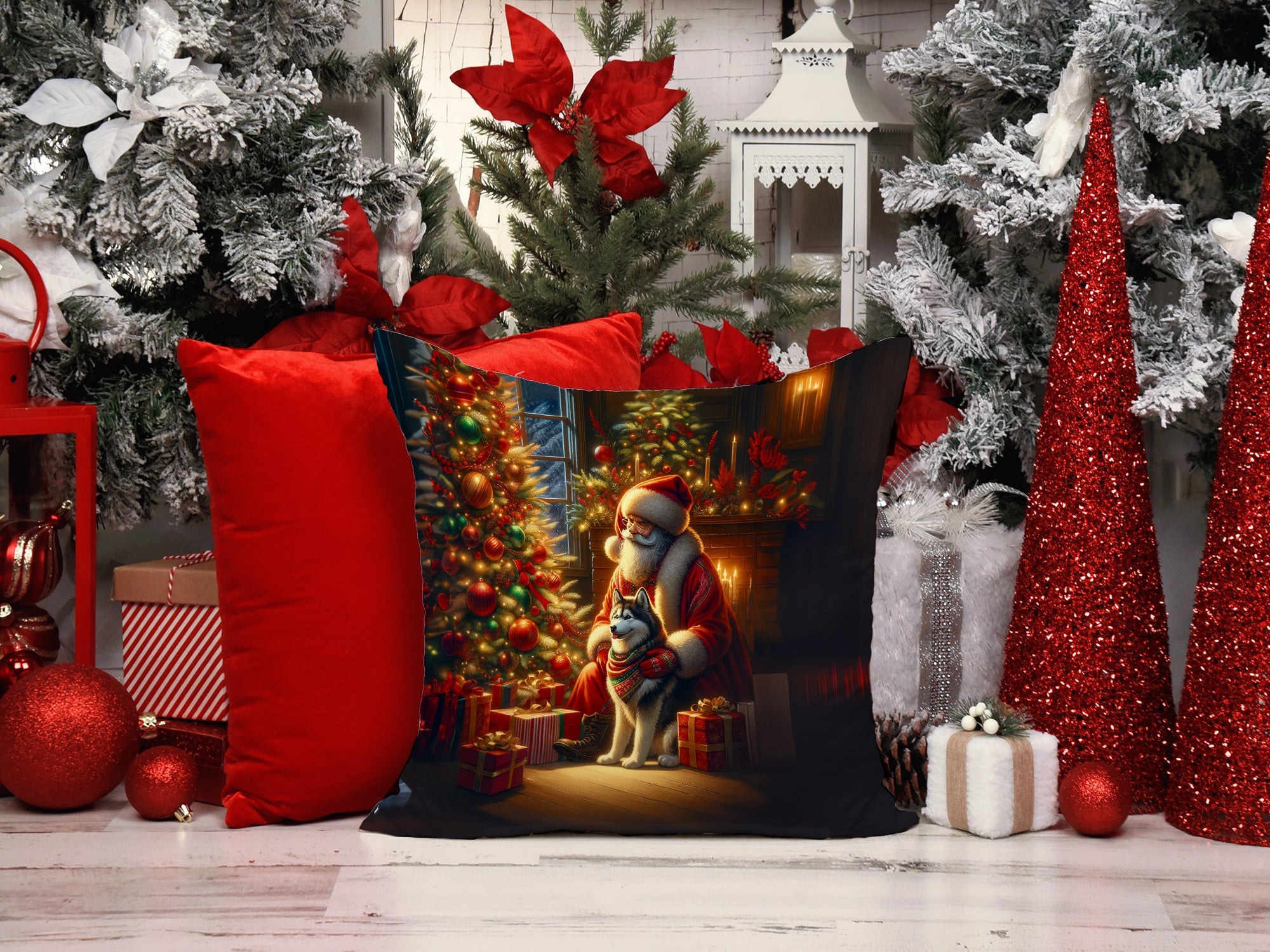 Siberian Husky and Santa Claus Decorative Throw Pillow 14x14 Indoor Outdoor Accent Cushion, Fabric Cover with Insert for Sofa, Bed, Porch & Living Room
