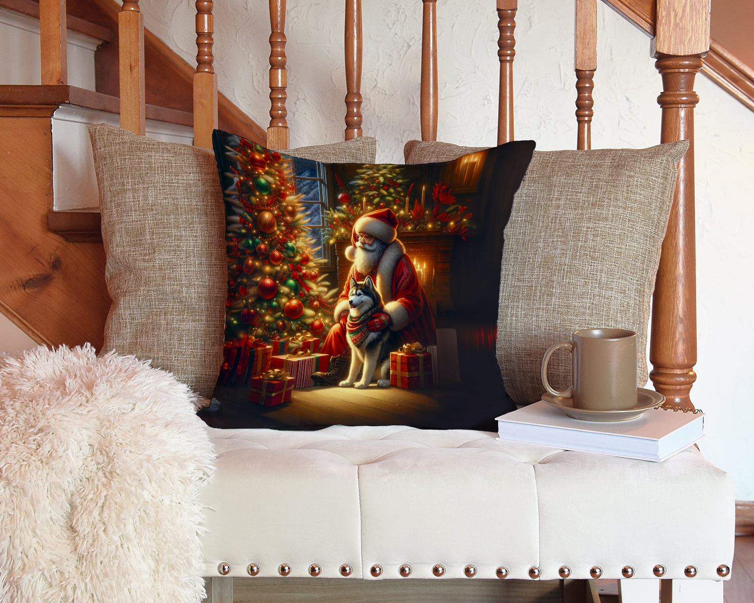 Siberian Husky and Santa Claus Decorative Throw Pillow 14x14 Indoor Outdoor Accent Cushion, Fabric Cover with Insert for Sofa, Bed, Porch & Living Room
