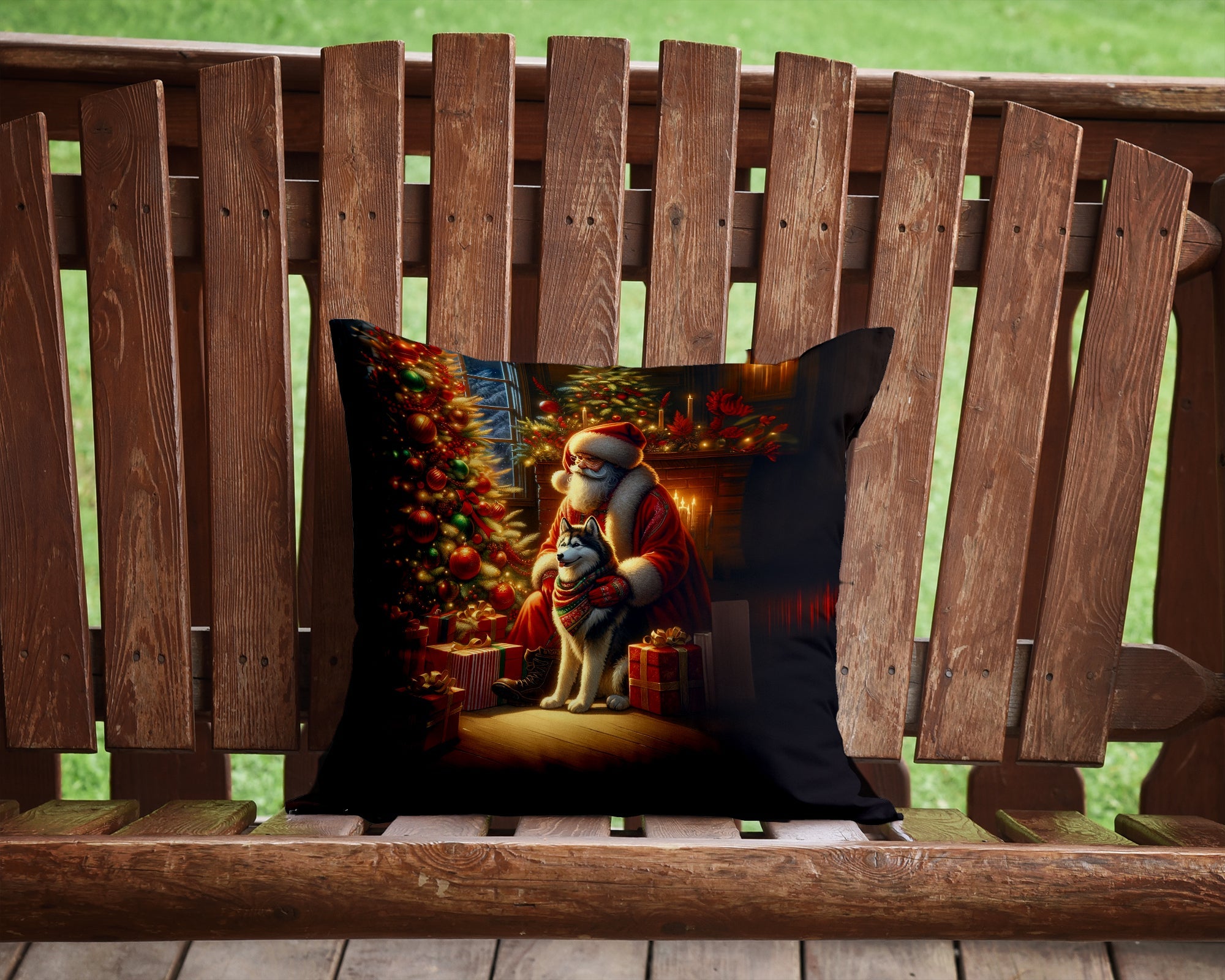 Siberian Husky and Santa Claus Decorative Throw Pillow 14x14 Indoor Outdoor Accent Cushion, Fabric Cover with Insert for Sofa, Bed, Porch & Living Room
