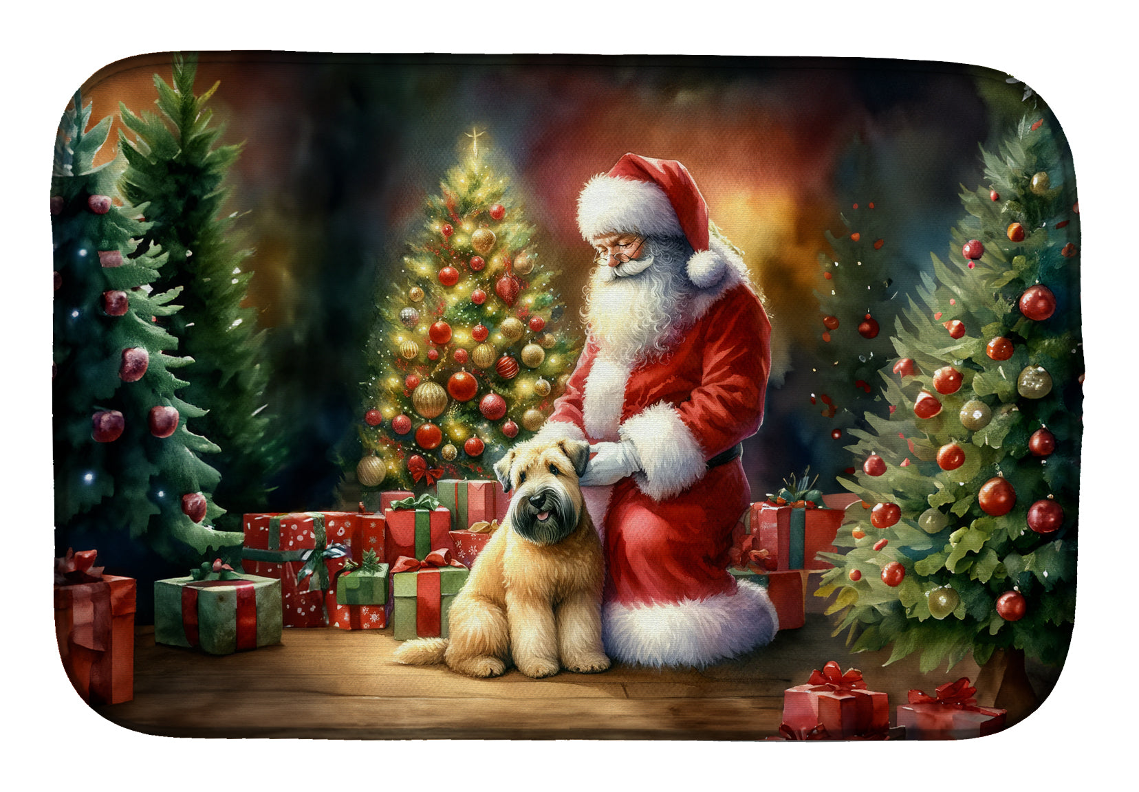 Wheaten Terrier and Santa Claus Dish Drying Mat Absorbent Dish Drying Mat Pad for Kitchen Counter Dish Drainer Mat for Countertop, 14 x 21", Multicolor