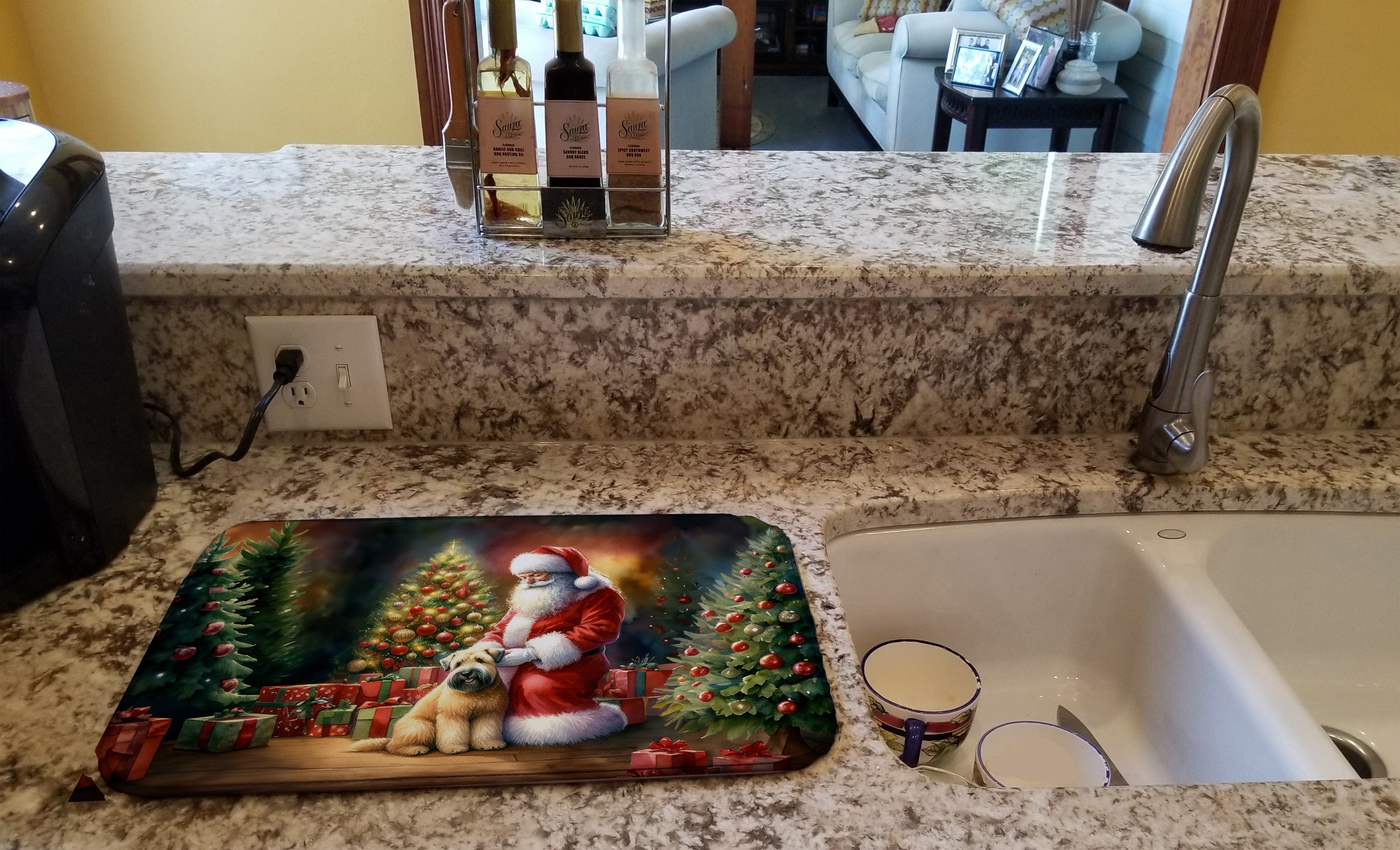 Wheaten Terrier and Santa Claus Dish Drying Mat Absorbent Dish Drying Mat Pad for Kitchen Counter Dish Drainer Mat for Countertop, 14 x 21", Multicolor