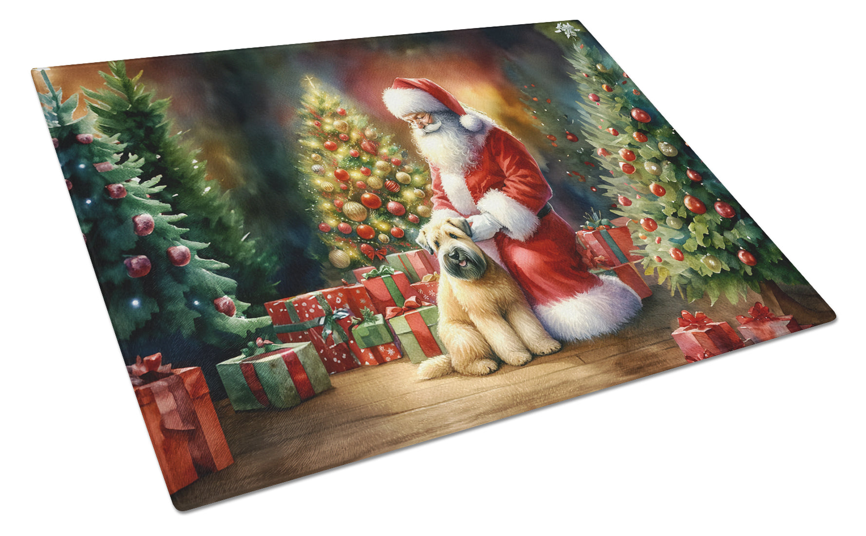 Wheaten Terrier and Santa Claus Cutting Board Tempered Glass Kitchen Cutting Surface, Heat Resistant Chopping, Non-Slip Feet, Food Prep & Serving