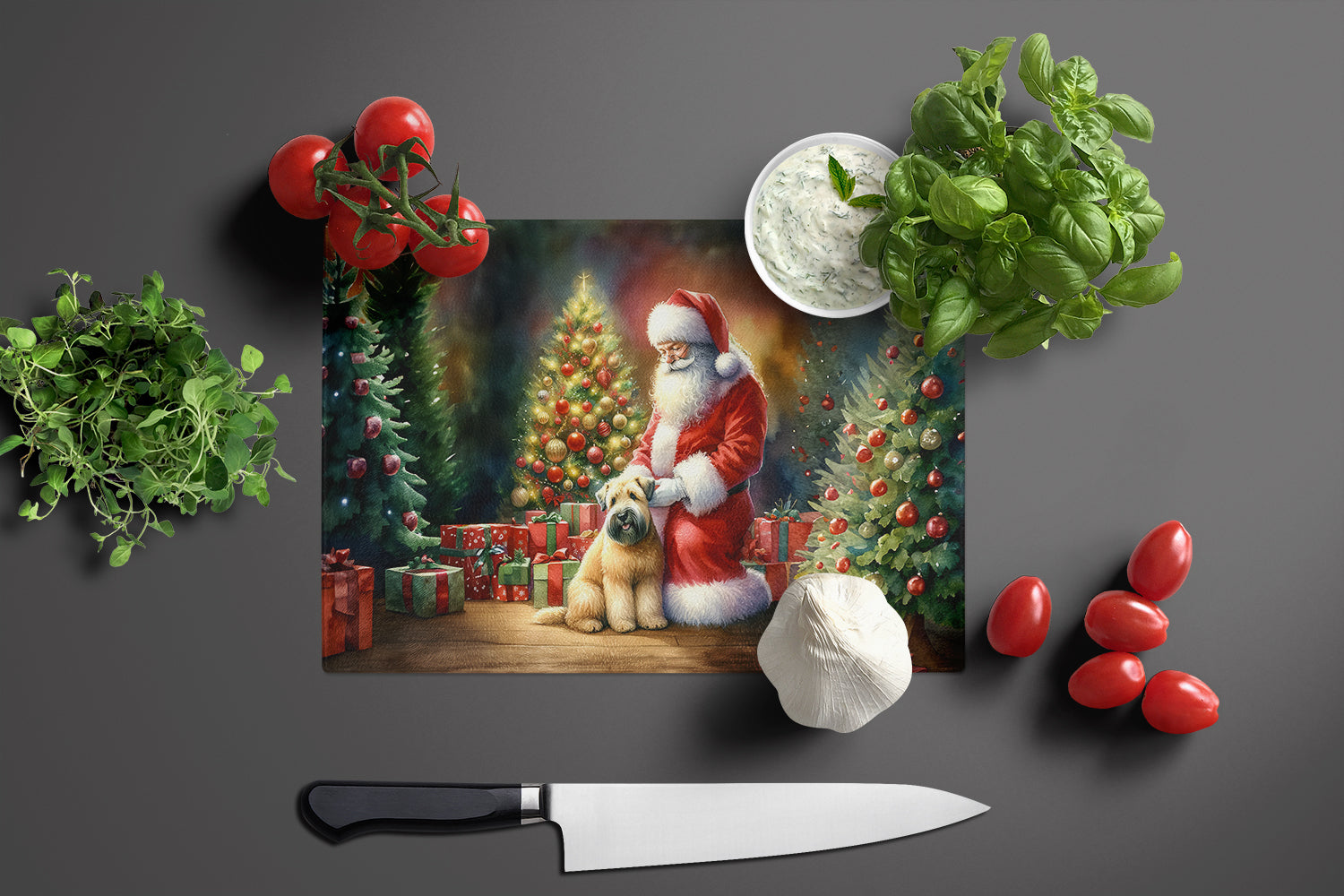 Wheaten Terrier and Santa Claus Cutting Board Tempered Glass Kitchen Cutting Surface, Heat Resistant Chopping, Non-Slip Feet, Food Prep & Serving