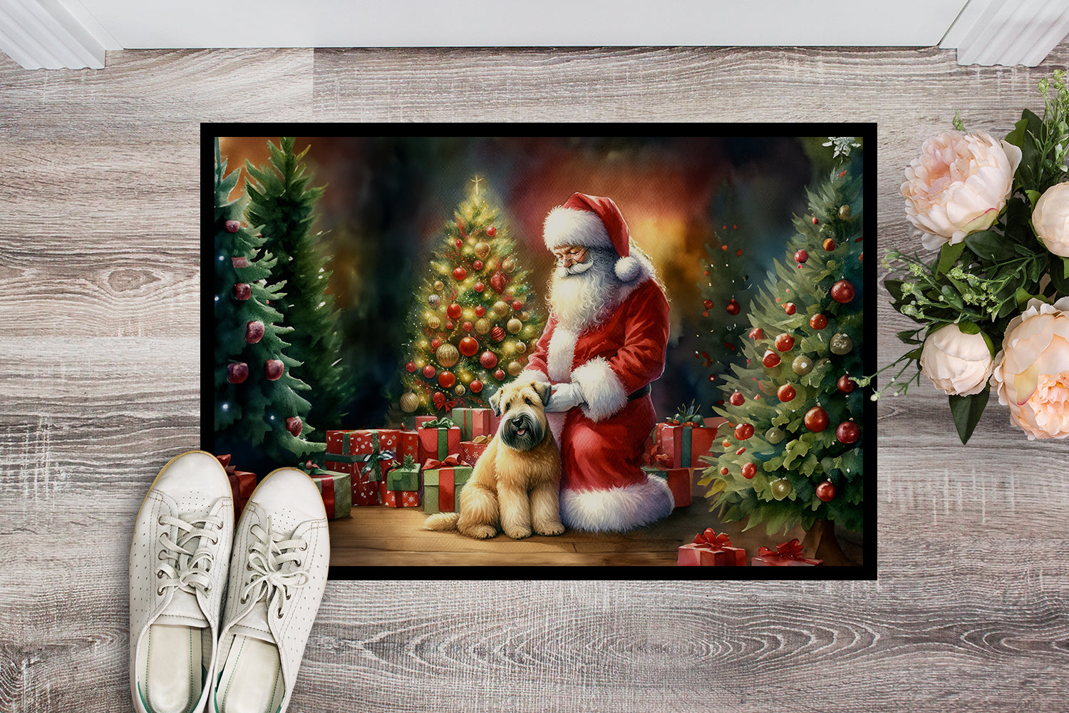 Wheaten Terrier and Santa Claus Doormat Indoor Outdoor 18H X 27W Front Door Mat Rugs for Entryway, Non Slip Washable