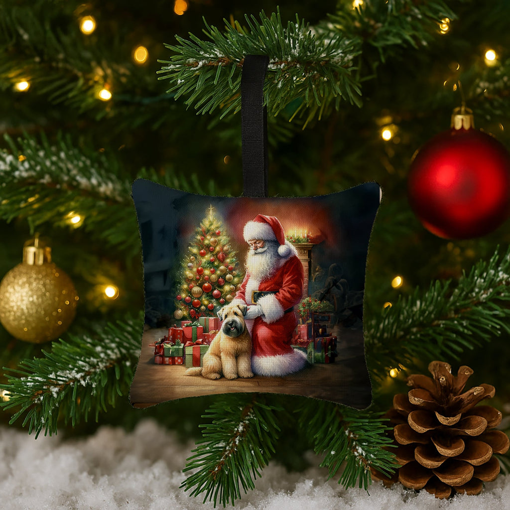 Wheaten Terrier and Santa Claus Hanging Square Fabric Ornament 3.5 × 3.5 Decorative Door-Knob & Tree Hanger, Soft Fabric