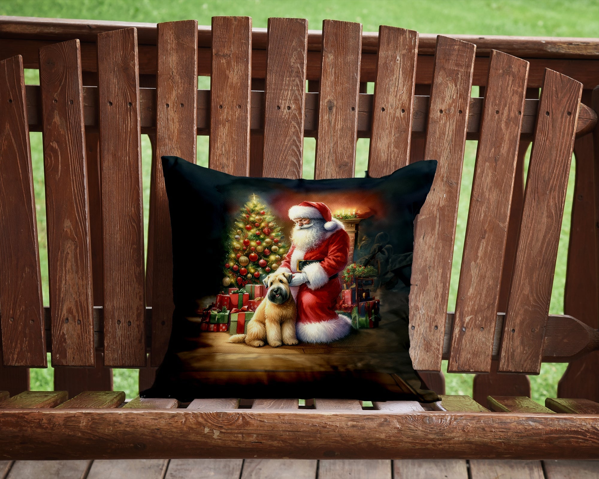 Wheaten Terrier and Santa Claus Decorative Throw Pillow 14x14 Indoor Outdoor Accent Cushion, Fabric Cover with Insert for Sofa, Bed, Porch & Living Room