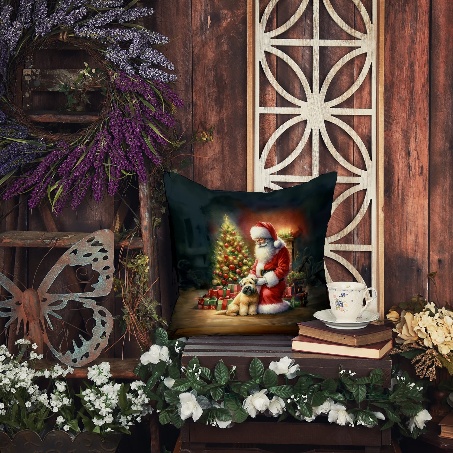 Wheaten Terrier and Santa Claus Decorative Throw Pillow 14x14 Indoor Outdoor Accent Cushion, Fabric Cover with Insert for Sofa, Bed, Porch & Living Room