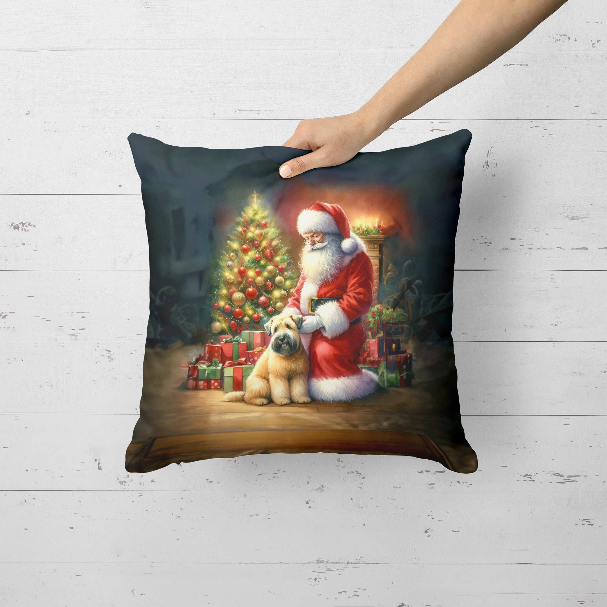 Wheaten Terrier and Santa Claus Decorative Throw Pillow 18x18 Indoor Outdoor Accent Cushion, Fabric Cover with Insert for Sofa, Bed, Porch & Living Room