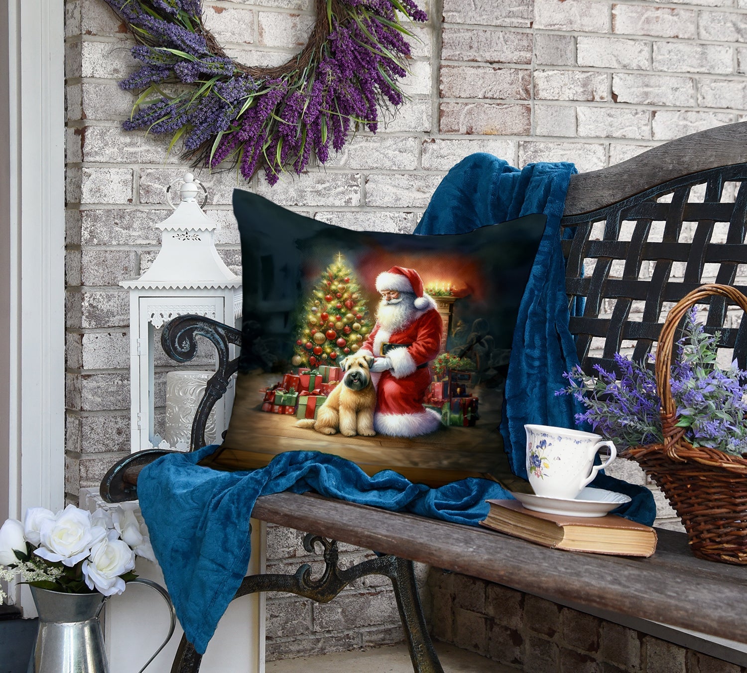 Wheaten Terrier and Santa Claus Decorative Throw Pillow 18x18 Indoor Outdoor Accent Cushion, Fabric Cover with Insert for Sofa, Bed, Porch & Living Room