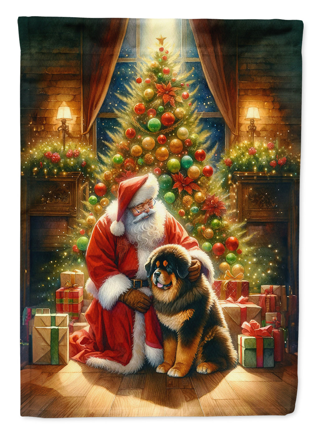 Tibetan Mastiff and Santa Claus House Flag 28x40 Porch Sleeve Pole Decorative Outside Yard Banner Artwork Wall Hanging, Polyester