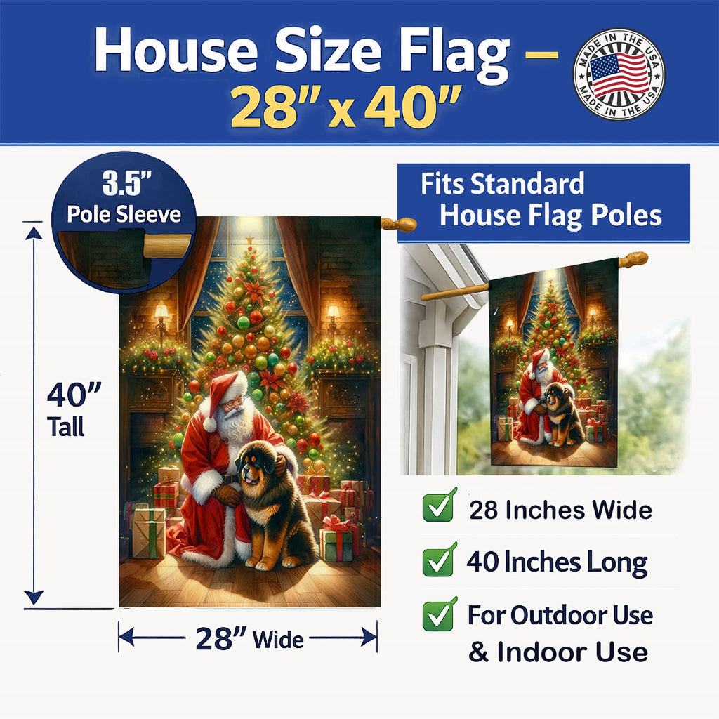 Tibetan Mastiff and Santa Claus House Flag 28x40 Porch Sleeve Pole Decorative Outside Yard Banner Artwork Wall Hanging, Polyester
