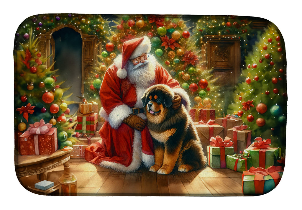 Tibetan Mastiff and Santa Claus Dish Drying Mat Absorbent Dish Drying Mat Pad for Kitchen Counter Dish Drainer Mat for Countertop, 14 x 21", Multicolor