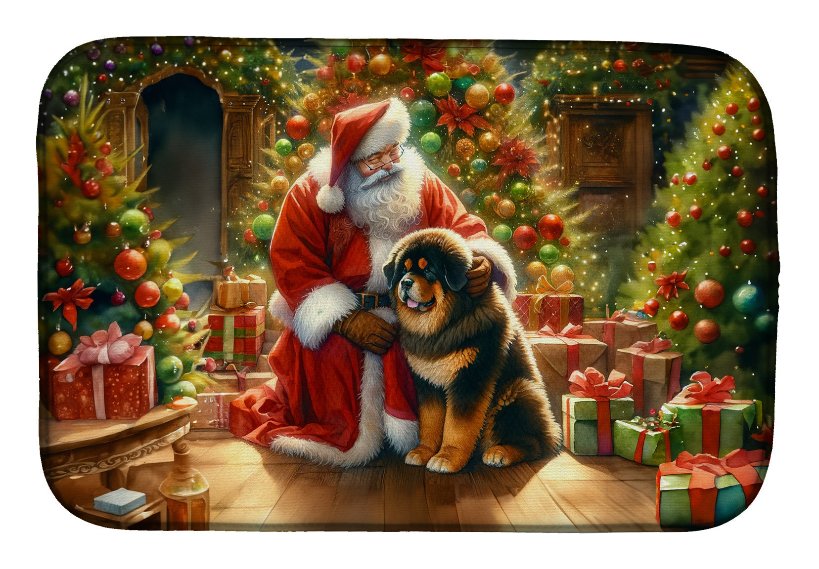 Tibetan Mastiff and Santa Claus Dish Drying Mat Absorbent Dish Drying Mat Pad for Kitchen Counter Dish Drainer Mat for Countertop, 14 x 21", Multicolor