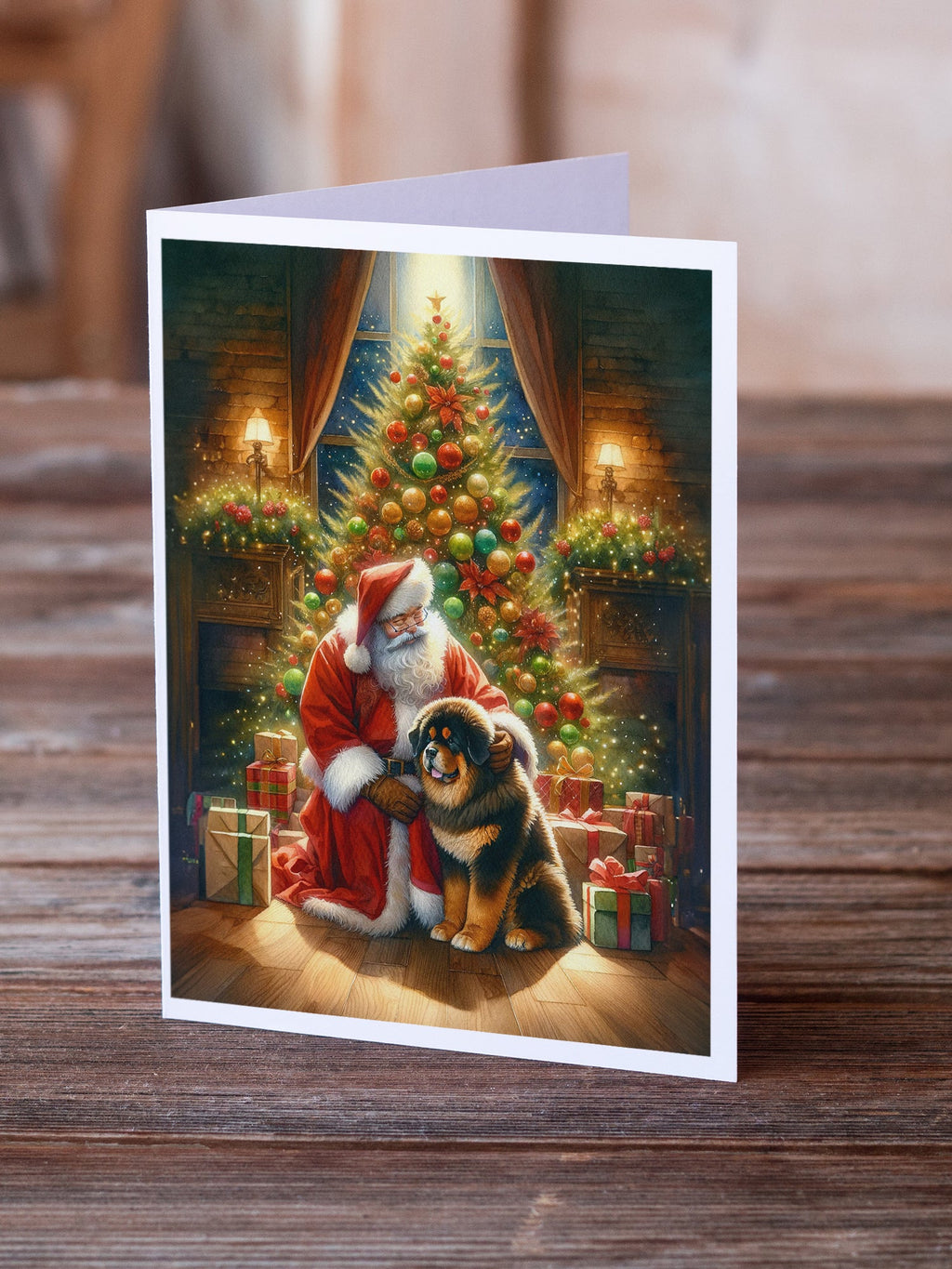 Tibetan Mastiff and Santa Claus Greeting Cards Pack of 8 Blank Cards with Envelopes Whimsical A7 Size 5x7