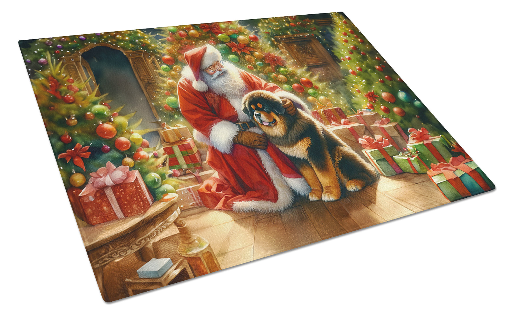 Tibetan Mastiff and Santa Claus Cutting Board Tempered Glass Kitchen Cutting Surface, Heat Resistant Chopping, Non-Slip Feet, Food Prep & Serving