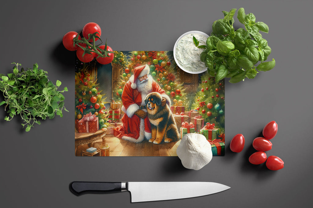 Tibetan Mastiff and Santa Claus Cutting Board Tempered Glass Kitchen Cutting Surface, Heat Resistant Chopping, Non-Slip Feet, Food Prep & Serving
