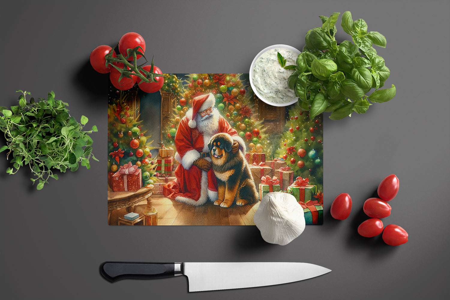 Tibetan Mastiff and Santa Claus Cutting Board Tempered Glass Kitchen Cutting Surface, Heat Resistant Chopping, Non-Slip Feet, Food Prep & Serving