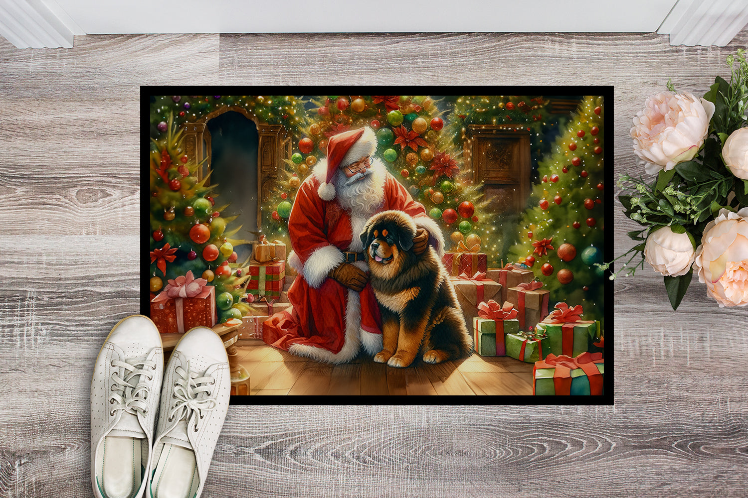 Tibetan Mastiff and Santa Claus Doormat Indoor Outdoor 18H X 27W Front Door Mat Rugs for Entryway, Non Slip Washable