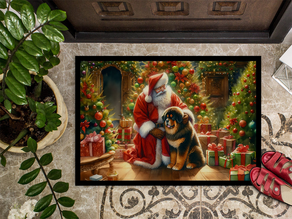 Tibetan Mastiff and Santa Claus Doormat Indoor Outdoor 18H X 27W Front Door Mat Rugs for Entryway, Non Slip Washable