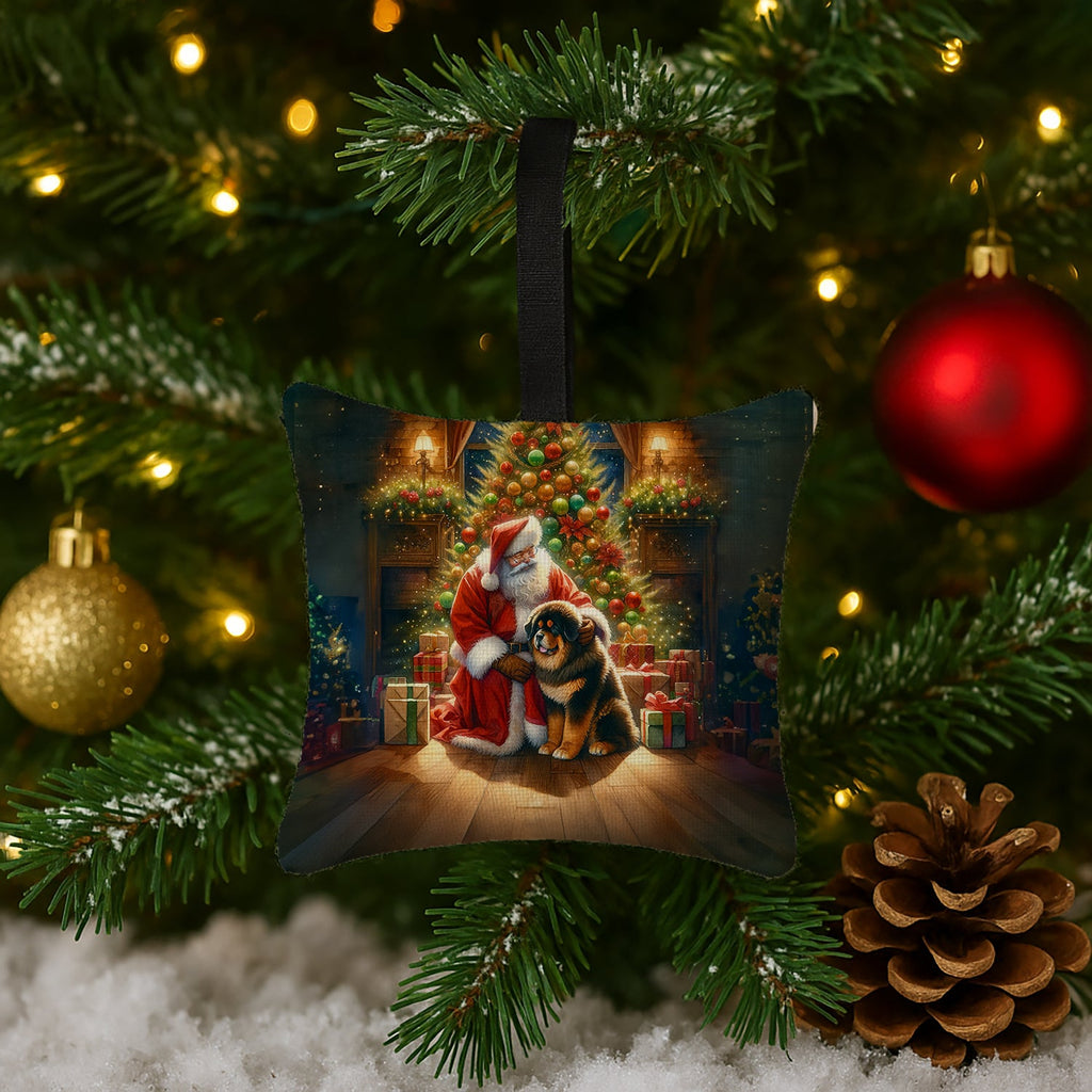 Tibetan Mastiff and Santa Claus Hanging Square Fabric Ornament 3.5 × 3.5 Decorative Door-Knob & Tree Hanger, Soft Fabric