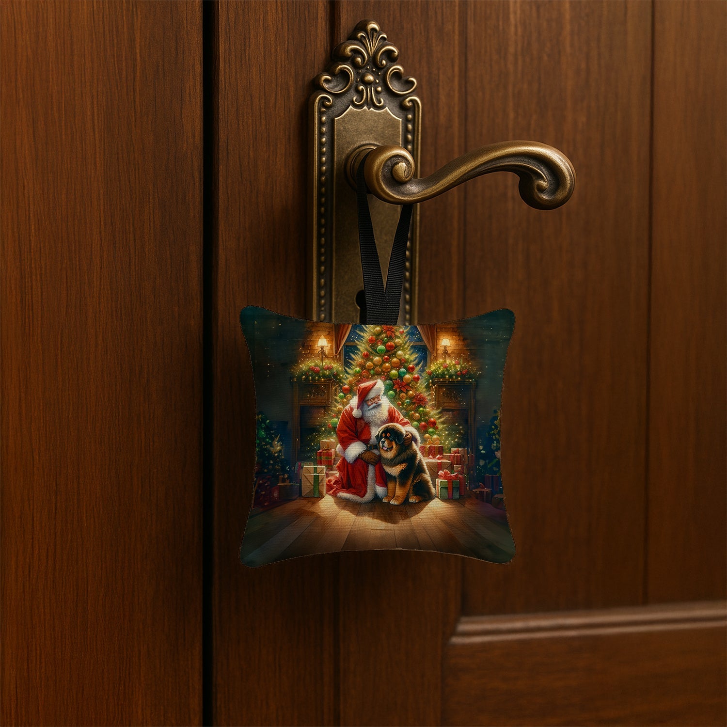 Tibetan Mastiff and Santa Claus Hanging Square Fabric Ornament 3.5 × 3.5 Decorative Door-Knob & Tree Hanger, Soft Fabric