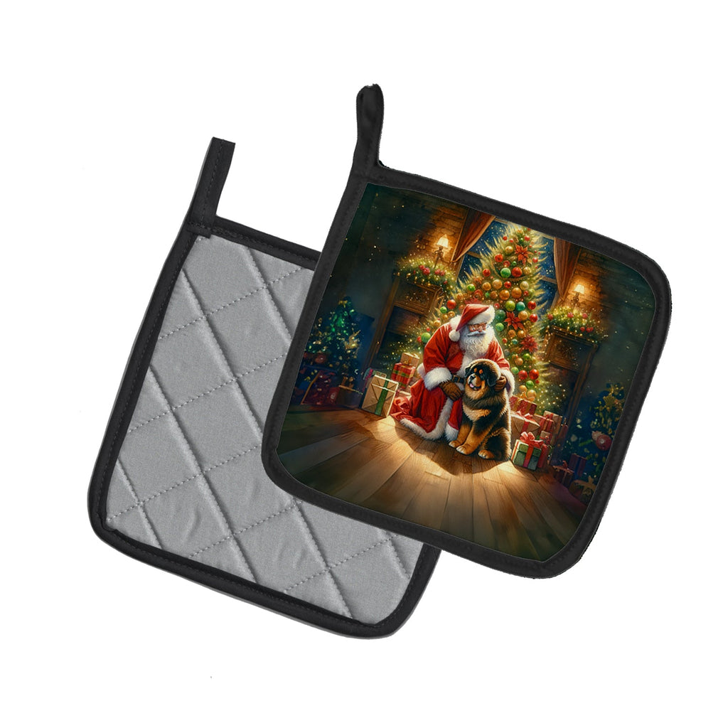 Tibetan Mastiff and Santa Claus Pot Holder Set of 2 Heat Resistant Quilted Hot Pads 7.5 x 7.5 Inch, Insulated Kitchen Trivets for Cooking & Baking