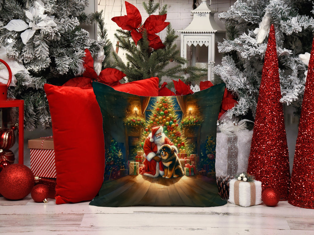 Tibetan Mastiff and Santa Claus Decorative Throw Pillow 14x14 Indoor Outdoor Accent Cushion, Fabric Cover with Insert for Sofa, Bed, Porch & Living Room