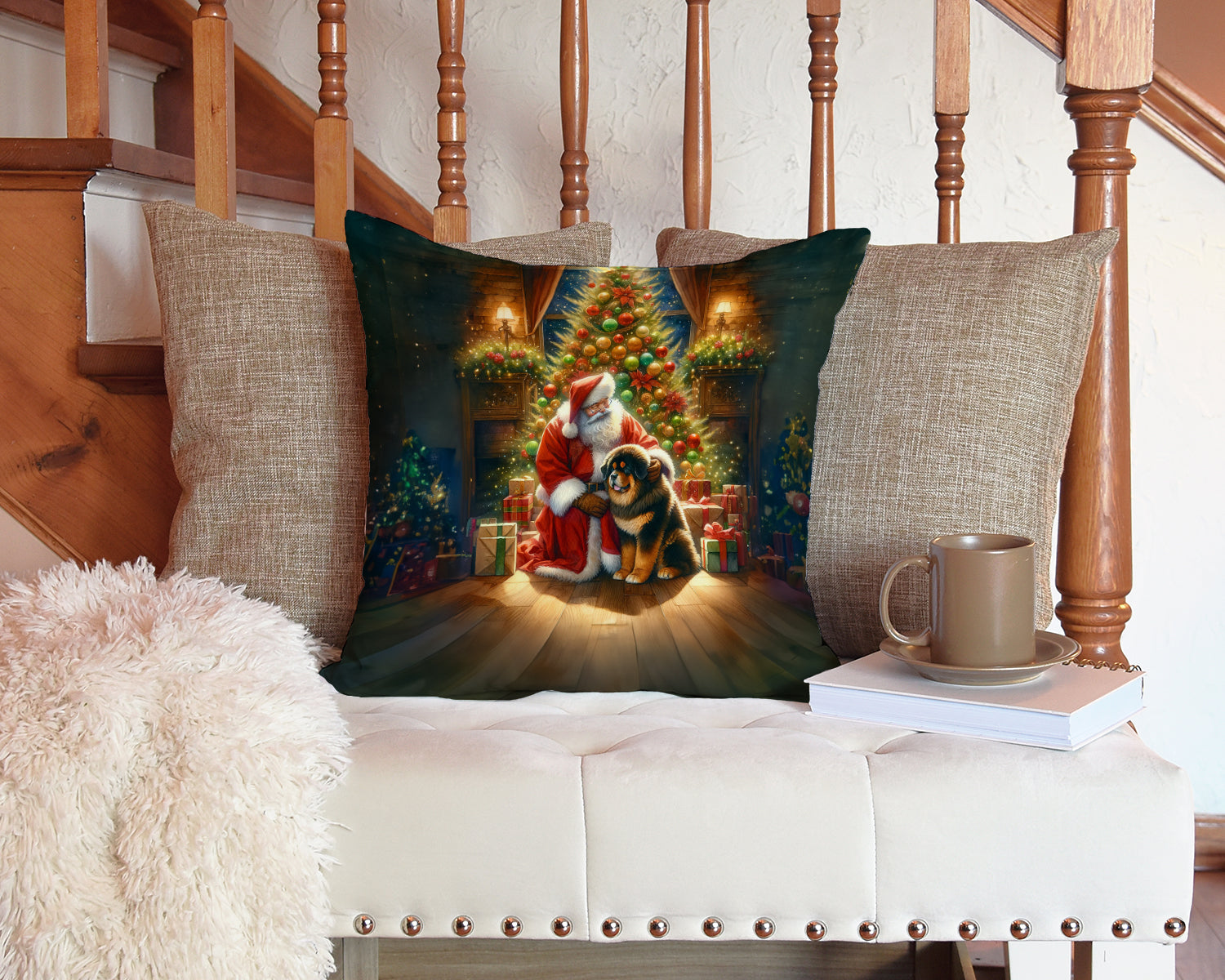 Tibetan Mastiff and Santa Claus Decorative Throw Pillow 14x14 Indoor Outdoor Accent Cushion, Fabric Cover with Insert for Sofa, Bed, Porch & Living Room