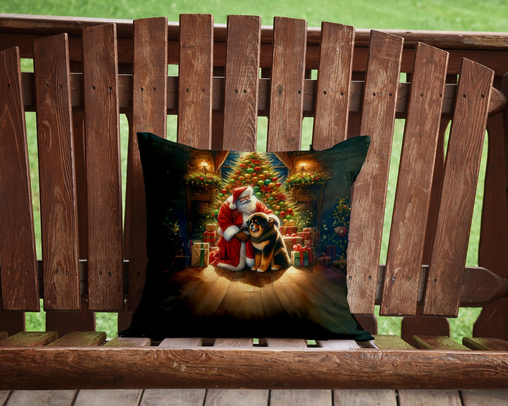 Tibetan Mastiff and Santa Claus Decorative Throw Pillow 14x14 Indoor Outdoor Accent Cushion, Fabric Cover with Insert for Sofa, Bed, Porch & Living Room